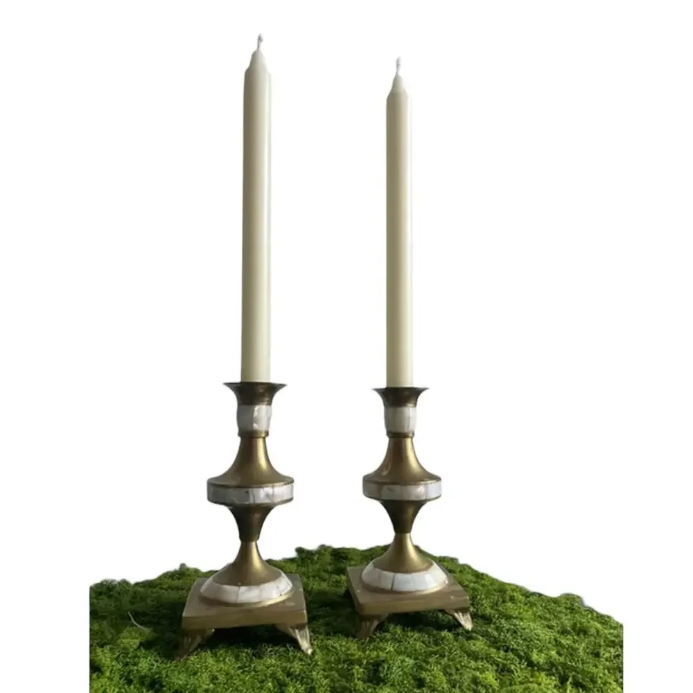 Set of TWO Heavy Brass Candlestick Holders Adorned with Mother of Pearl Shells